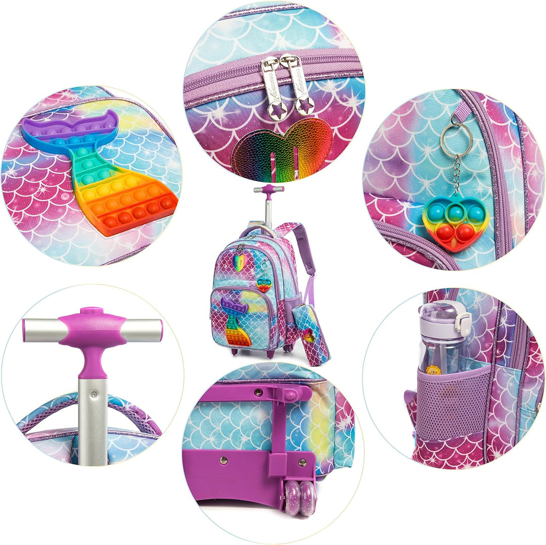 HTgroce Rollrucksack Schulranzen mit Rollen für Mädchen Pop it Rucksack 16 Zoll Set 3 in 1 mit Lunch