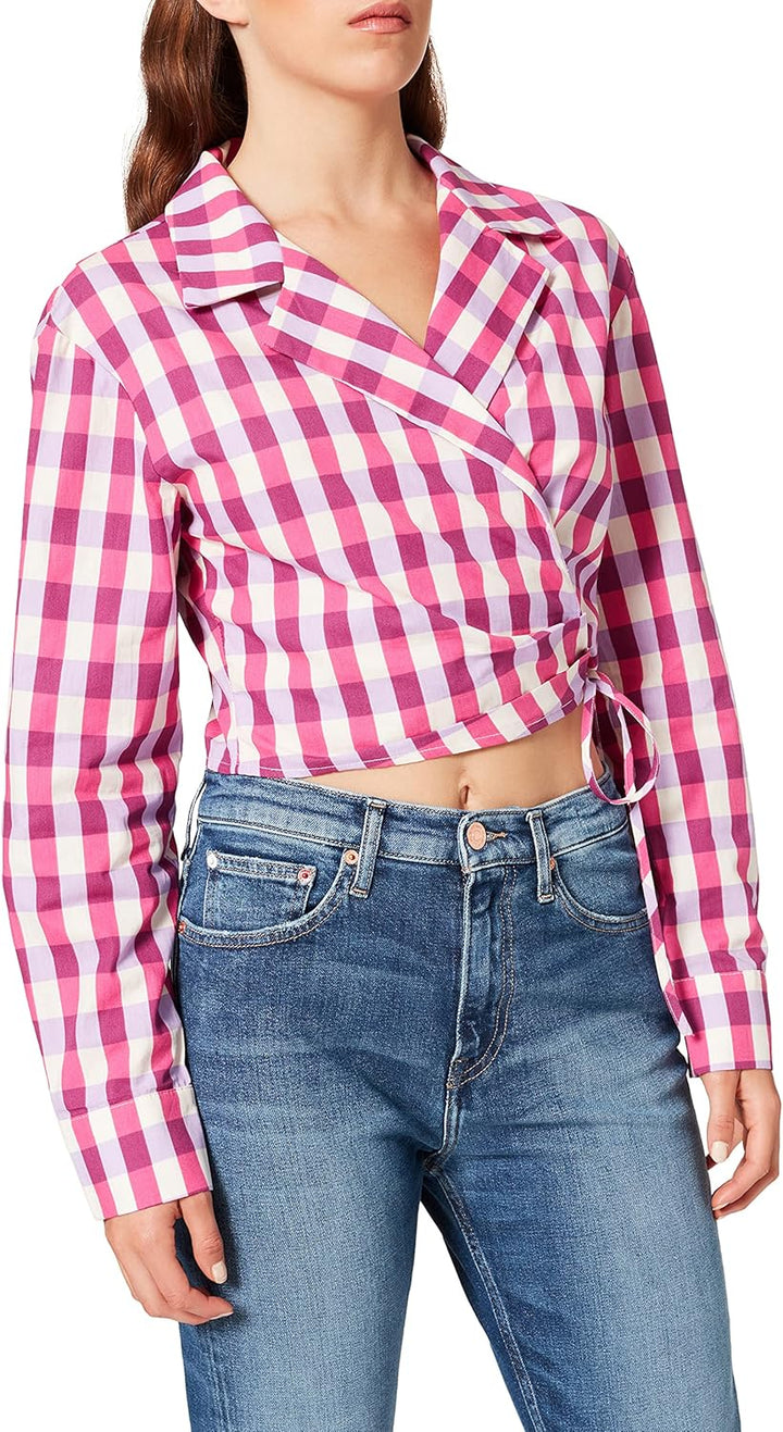 NA-KD Damen Overlap Cropped Shirt Hemd 38 Pink Kariert, 38 Pink Kariert