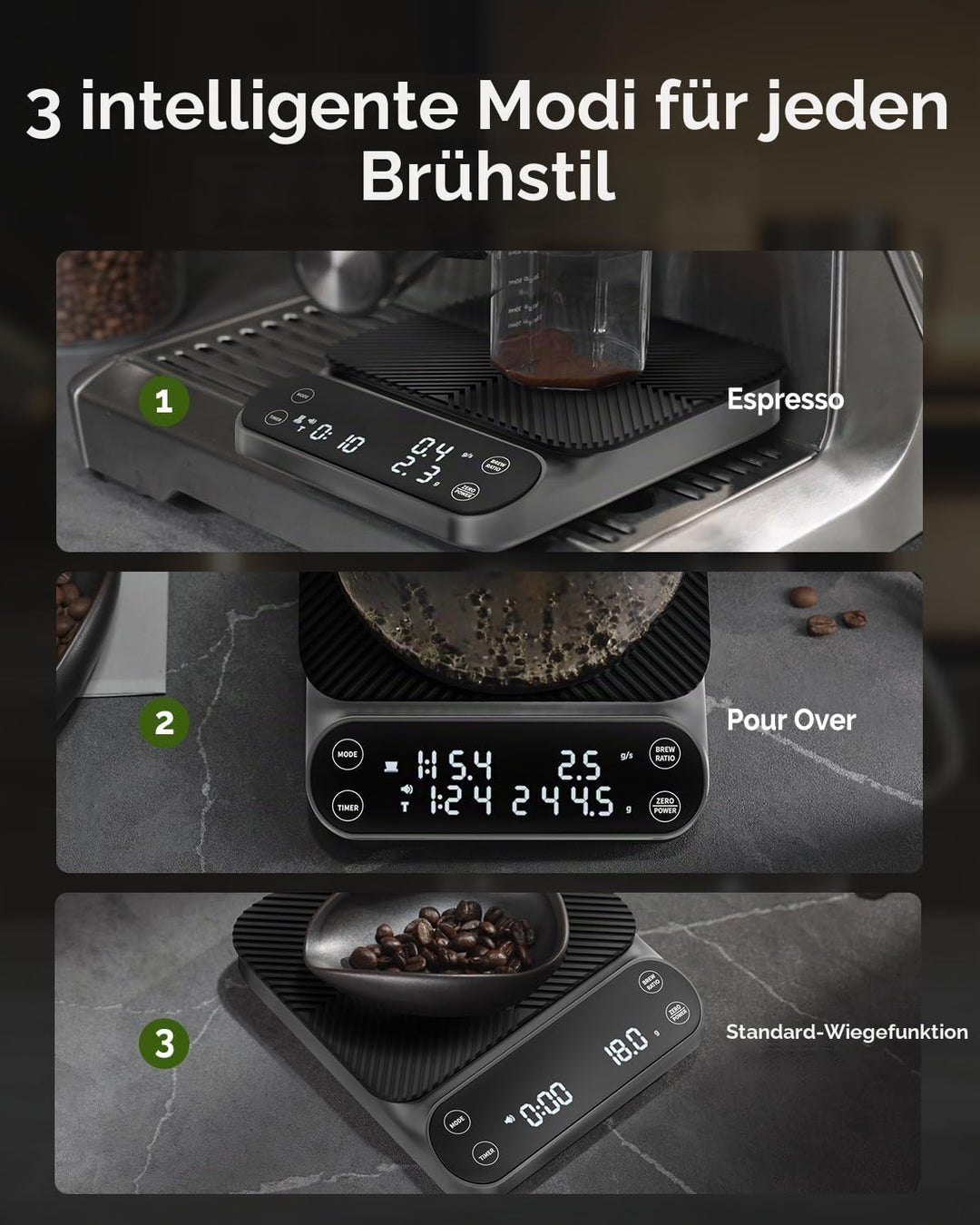 Maestri House S3 Kaffeewaage mit Timer, 3kg/0,1g Wiederaufladbar Digitale Espresso Waage, 3 Brühmodi