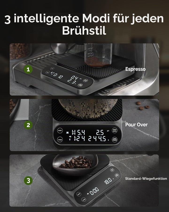 Maestri House S3 Kaffeewaage mit Timer, 3kg/0,1g Wiederaufladbar Digitale Espresso Waage, 3 Brühmodi