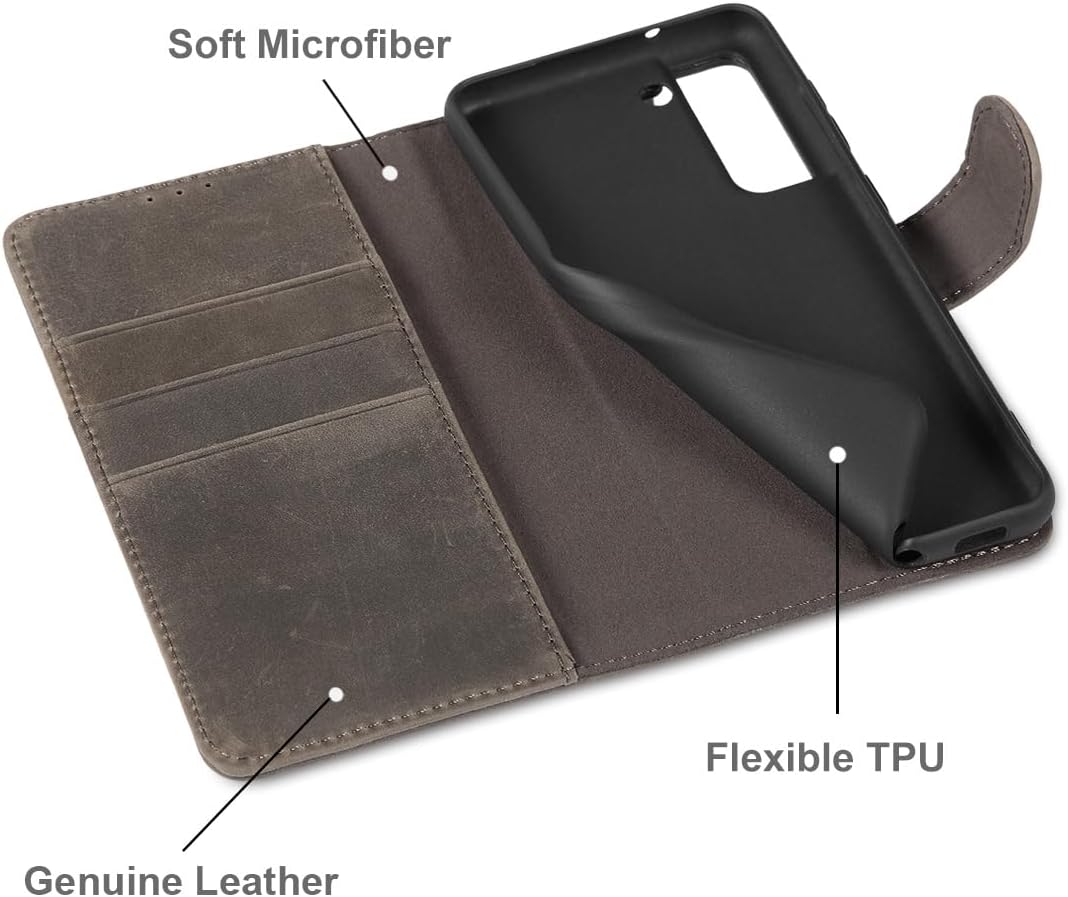 LENSUN Lederhülle für Samsung Galaxy S21 FE, Echtleder Handyhülle [Echtes Leder][RFID Schutz] Klappb