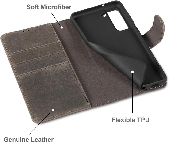 LENSUN Lederhülle für Samsung Galaxy S21 FE, Echtleder Handyhülle [Echtes Leder][RFID Schutz] Klappb