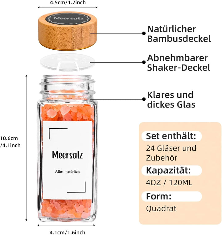 Gewürzgläser Eckig,Gewürzdosen 24er Set mit Bambusdeckel,120 ml Gewürzstreuer Spice Jars Gewürzbehäl