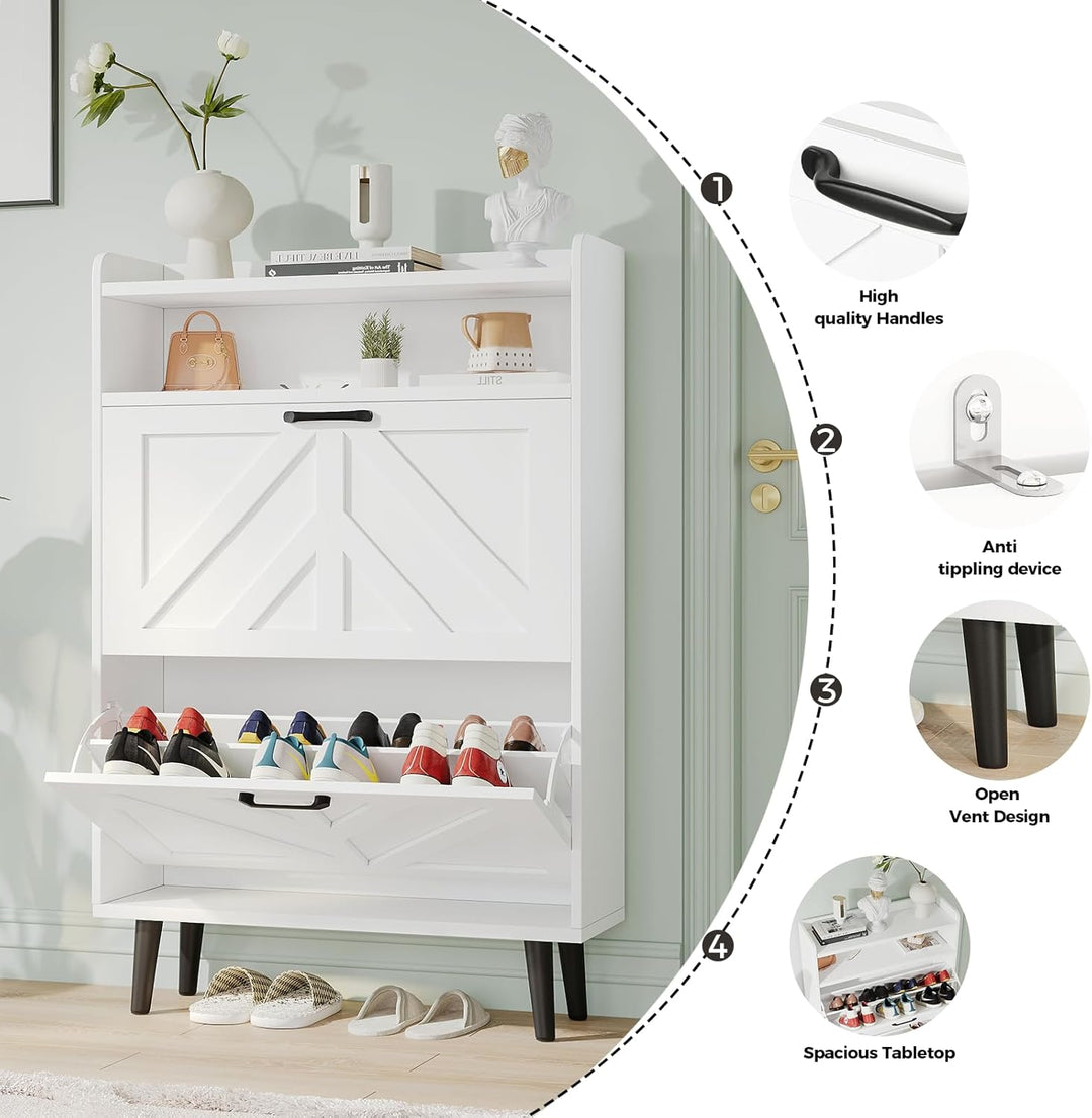 VOWNER Schuhschrank Schmal, Schuhkipper Schuhregal Schmal, mit 2 Klappen, mit Verstellbar und Abnehm