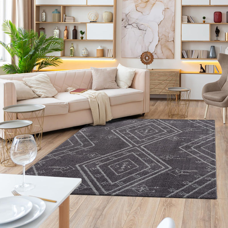 payé Teppich Wohnzimmer Ethno Berbermuster - Grau 140x200cm - Hochflor weich Boho Schlafzimmer Flur