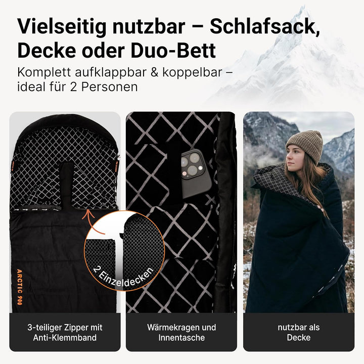 EXPLORER Arctic XXL Deckenschlafsack Winter -24°C Extrem – Camping Schlafsack aus 100% Baumwolle & F