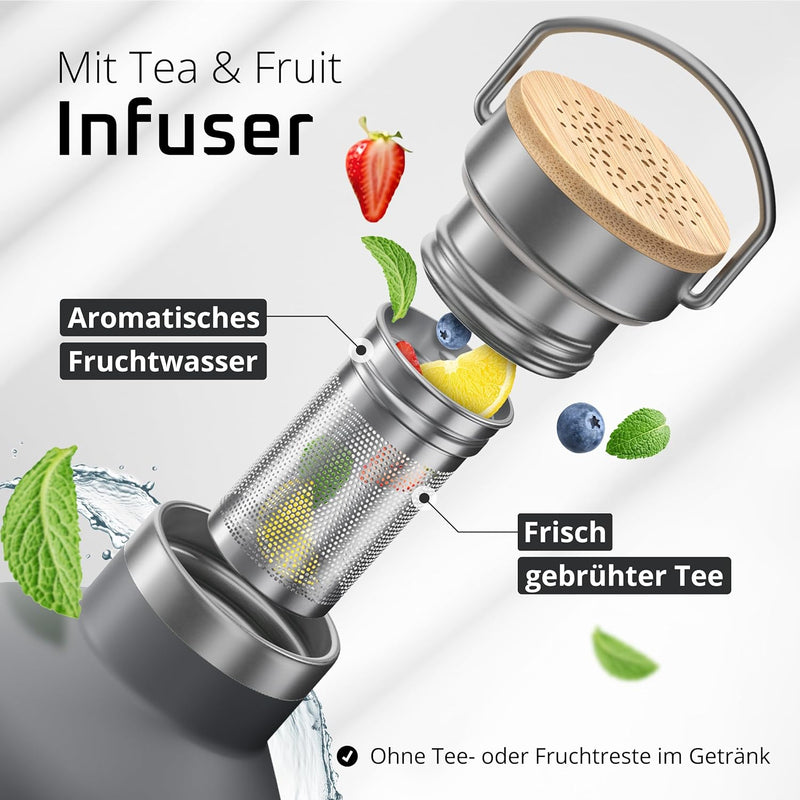 Trinkflasche Edelstahl mit Strohhalm, Infuser + 3 Deckel: BPA-frei, Auslaufsicher, Kohlensäure geeig