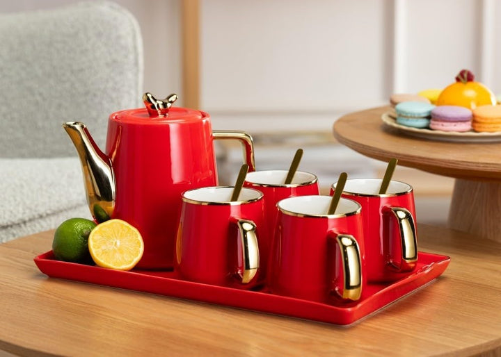 HowHomely Keramik Kaffeeservice für 4 Personen Modern - Rot Set mit Kanne, 4 Tassen und Serviertable