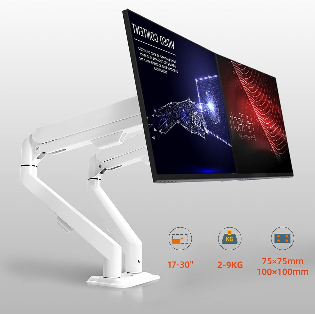 HILLPORT Weiss Monitor Arm Halterung 2 Monitore für 17 bis 30 Zoll Bildschirme, Bildschirmhalterung