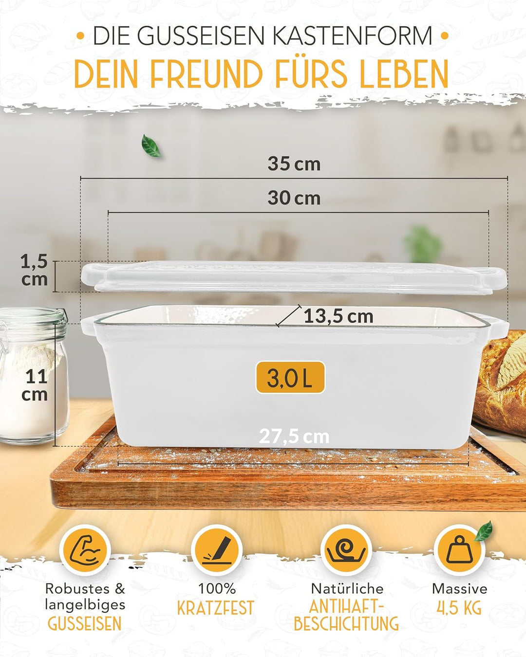 KRUSTENZAUBER Brotbackform mit Deckel emailliert im XXL-Komplettset - Robuste 28 cm Gusseisen Brotba