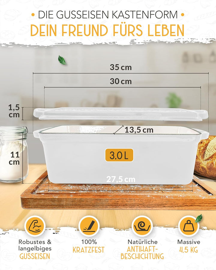 KRUSTENZAUBER Brotbackform mit Deckel emailliert im XXL-Komplettset - Robuste 28 cm Gusseisen Brotba