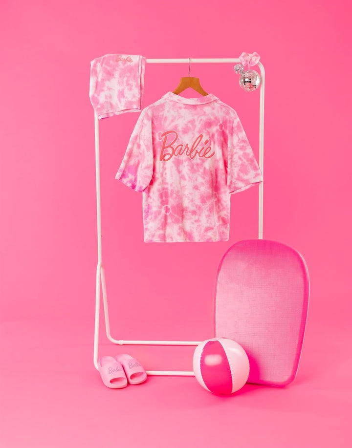 Barbie Damen 3 Stück Torubing Co-Ord Beach Cover Up | Rosa Batikfarbe Handtuch T-Shirt Shorts Haargu
