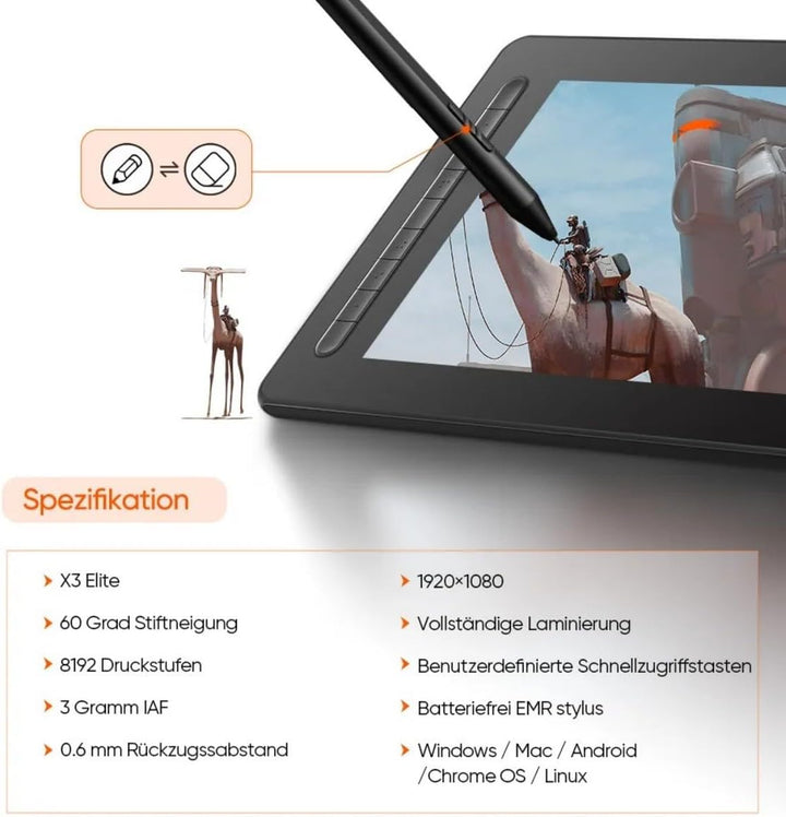 XPPen Artist 13 2 Gen. Grafiktablett, 13,3 Zoll Stift Display, 127% sRGB Farbraum, X3 Smart-Chip Sti