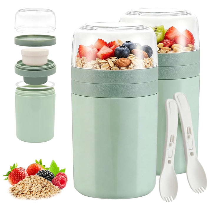 2 Stück Müslibecher mit Löffel, 3-Schicht-Design Auslaufsicher Müsli Becher mit Sossenbox, MüsliTogo