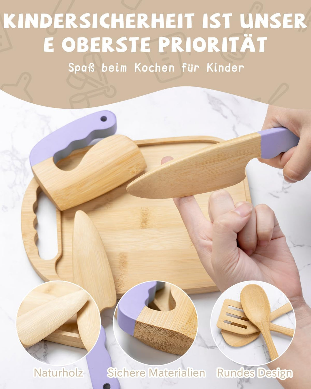 Kindermesser Set – 15-teilig mit sicherem Kiddikutter, Holzmesser Schneidebrett – Montessori Küchens