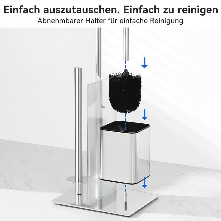 Toilettenpapierhalter Stehend mit WC Bürste - Toilettenbürste und Klorollenhalter Stehend mit Glasre