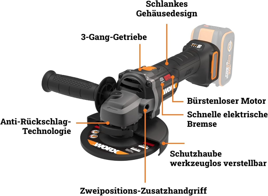 WORX WX814.9 Nitro Brushless Akku-Winkelschleifer 20V – 125mm Scheibendurchmesser – 8600 U/min – lei