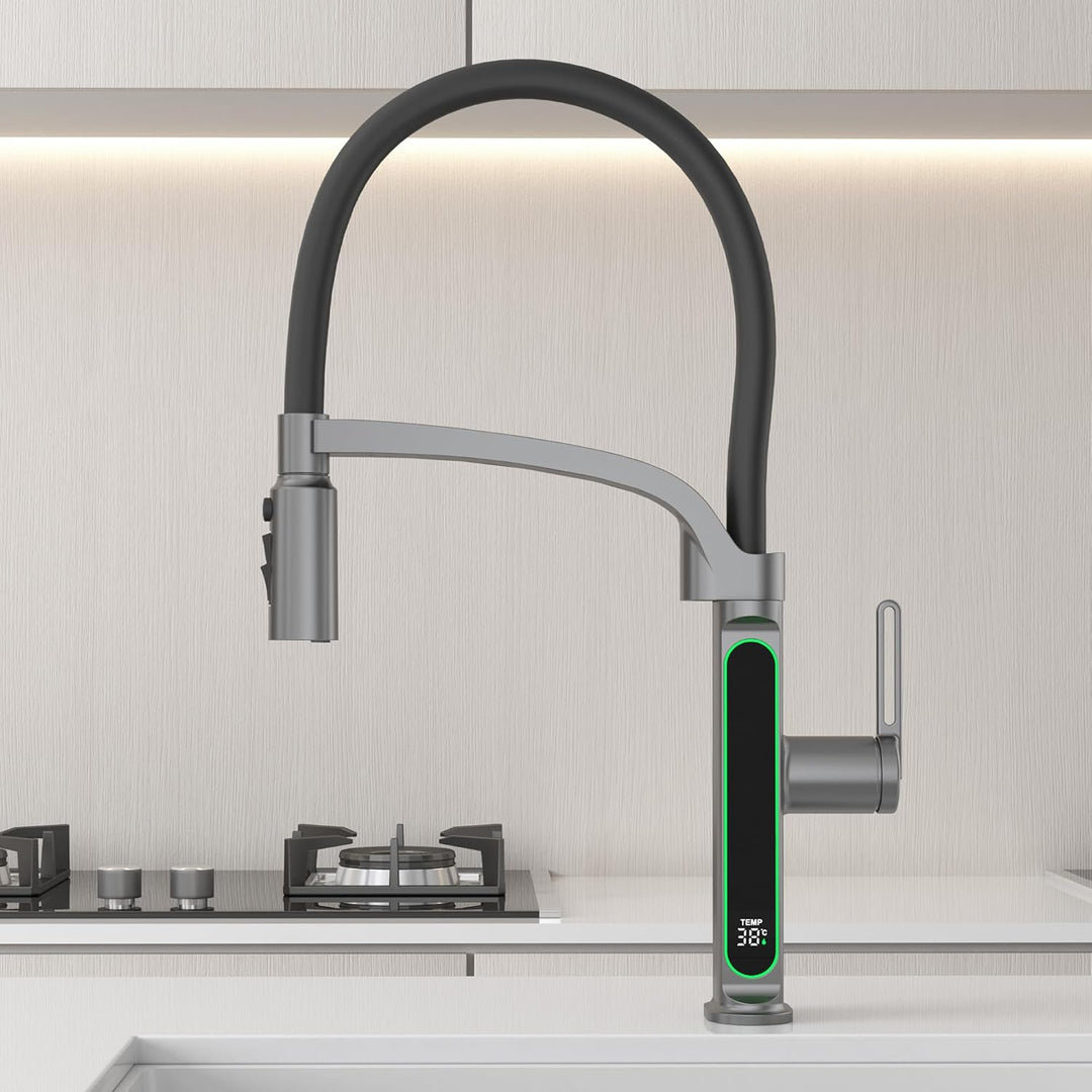 Wasserhahn Küche mit LED Temperaturanzeige, Herunterziehen Brause Drehung Küchenarmatur Spülarmature