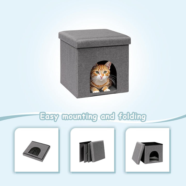 PINPLUS Katzenhöhle mit Kissen, Faltbares Katzenhaus – Stabiler Würfel mit Abnehmbarem Deckel, Gemüt