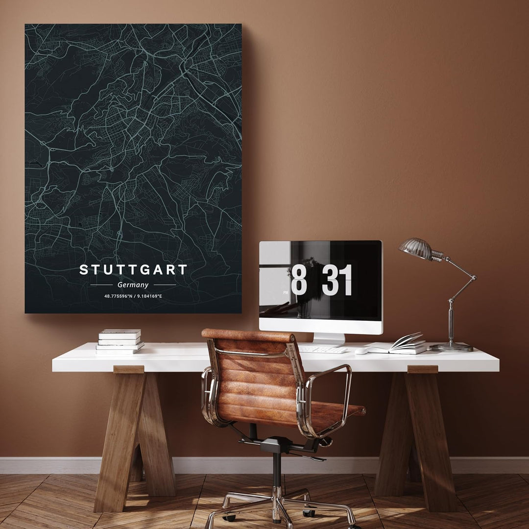 wandmotiv24 Stadt Karte als Leinwandbild, 100x75cm, Hochformat, Stuttgart, Deutschland, Strassen, An