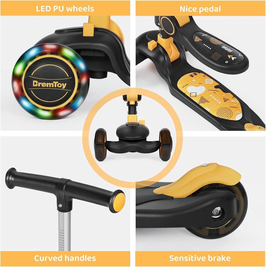 BremToy Kinderroller mit Sitz, Tretroller mit LED Rädern, Kinder Scooter mit Höhenverstellbarem Lenk