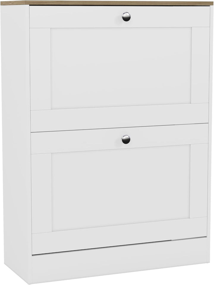 Vida Designs Schuhkipper mit 2 Klappen | 80 H x 58 B x 23.5 T cm | Weiss/Eiche | Platzsparender Schu