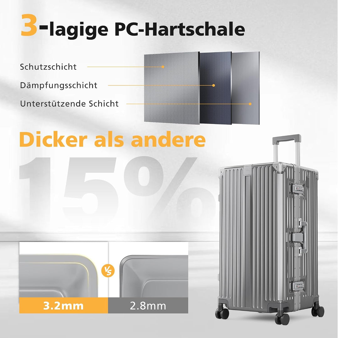 ALPHA CAMP Koffer XXL Aluminium Rahmen &amp; Polycarbonat Hartschale mit TSA Schloss Reisekoffer 43x36x8