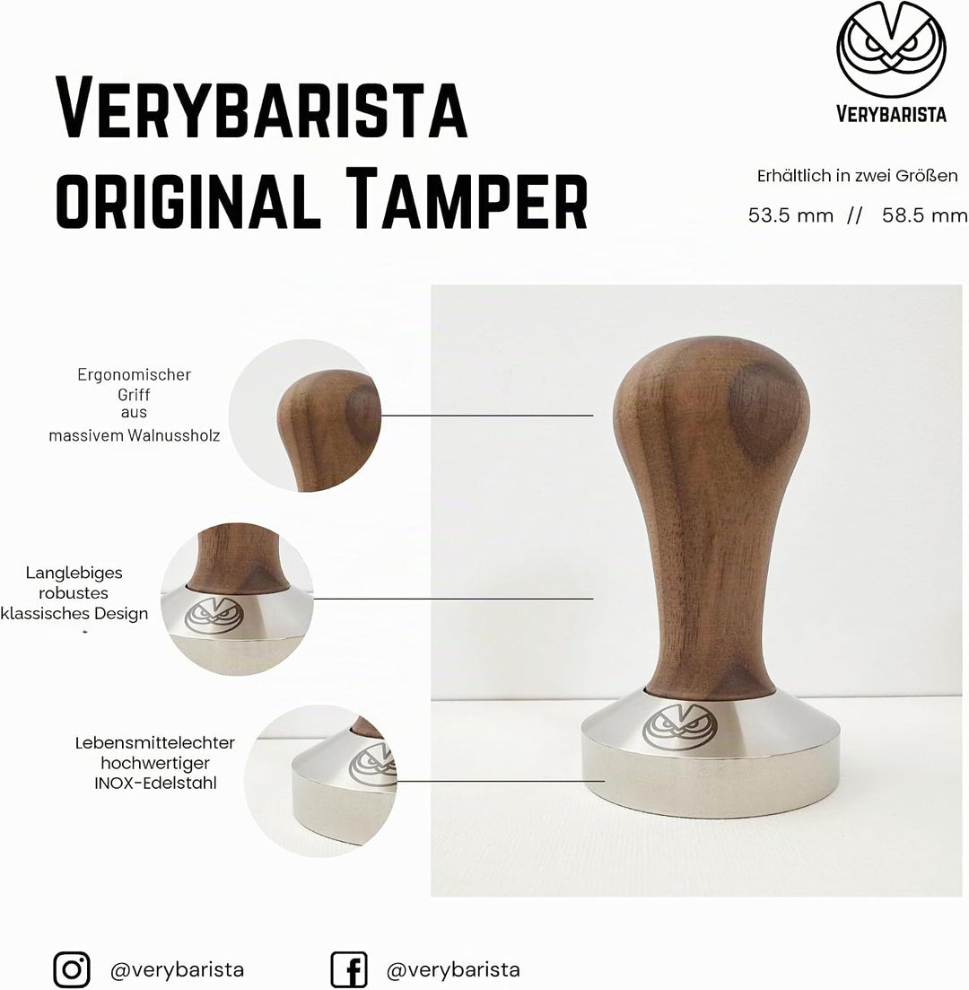 Espresso Tamper - 58,5 mm für IMS Competition-Filterkörbe, Nussbaum und INOX Stahl Flacher Boden 58.
