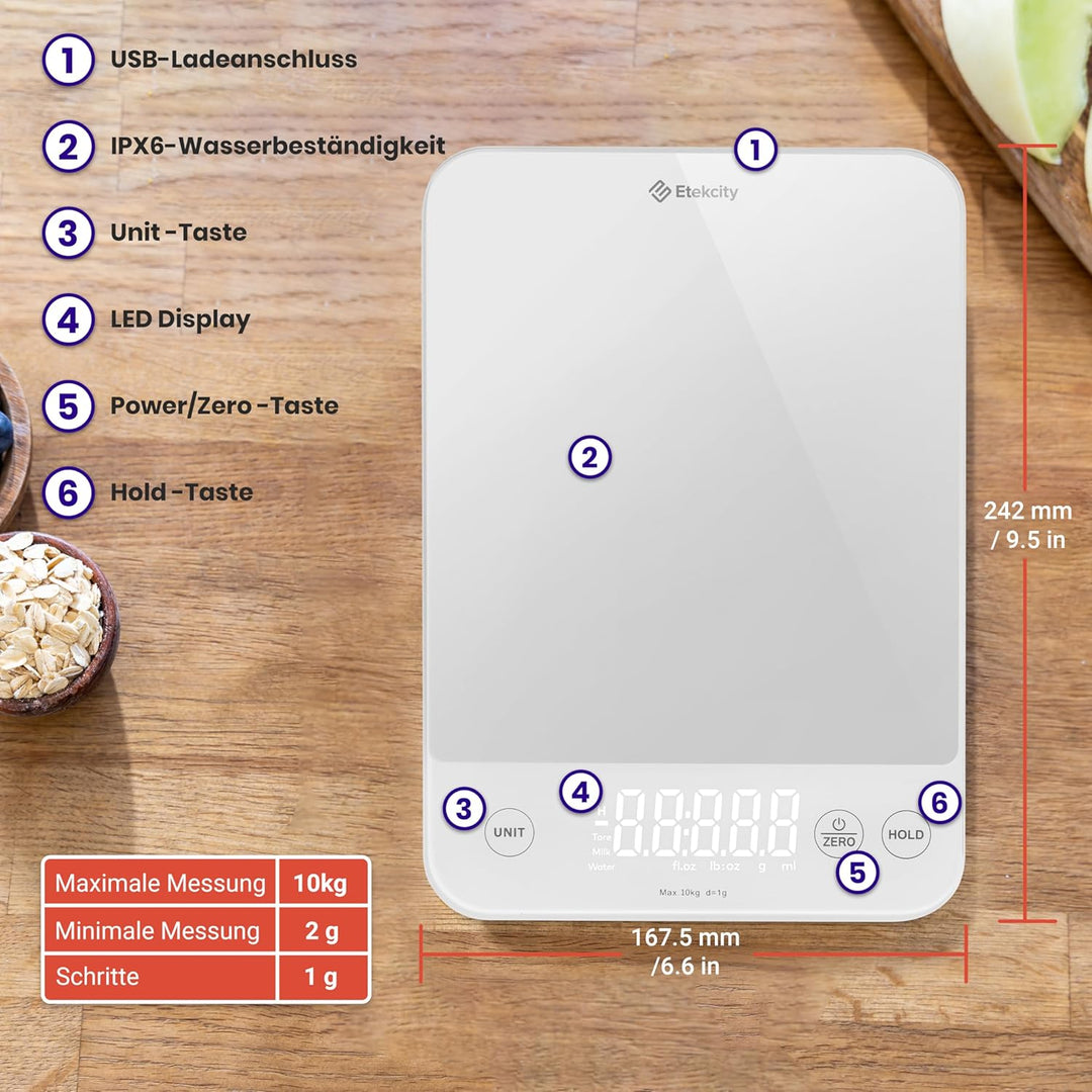 ETEKCITY Küchenwaage, Präzisionswaage 0,1g genau, 10kg Küchenwaage Digital mit Grossem LED-Display,