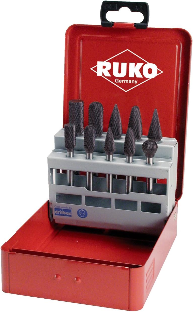 Ruko 116003TC Kleinfrässtiftesatz Schaft-D.10/12mm 10tlg.HM TiCN Verz.Kreuz Metallkassette