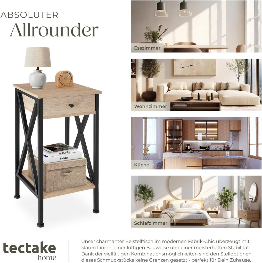 tectake® Industrial Möbel, Beistelltisch mit Schublade, Couchtisch mit Ablageflächen, Nachttisch sch