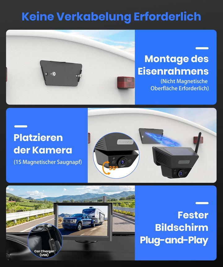 AUTO-VOX Rückfahrkamera Kabellos Solar Magnetische Rückfahrkamera Funk: 1-Minuteneinrichtung, 5" 108