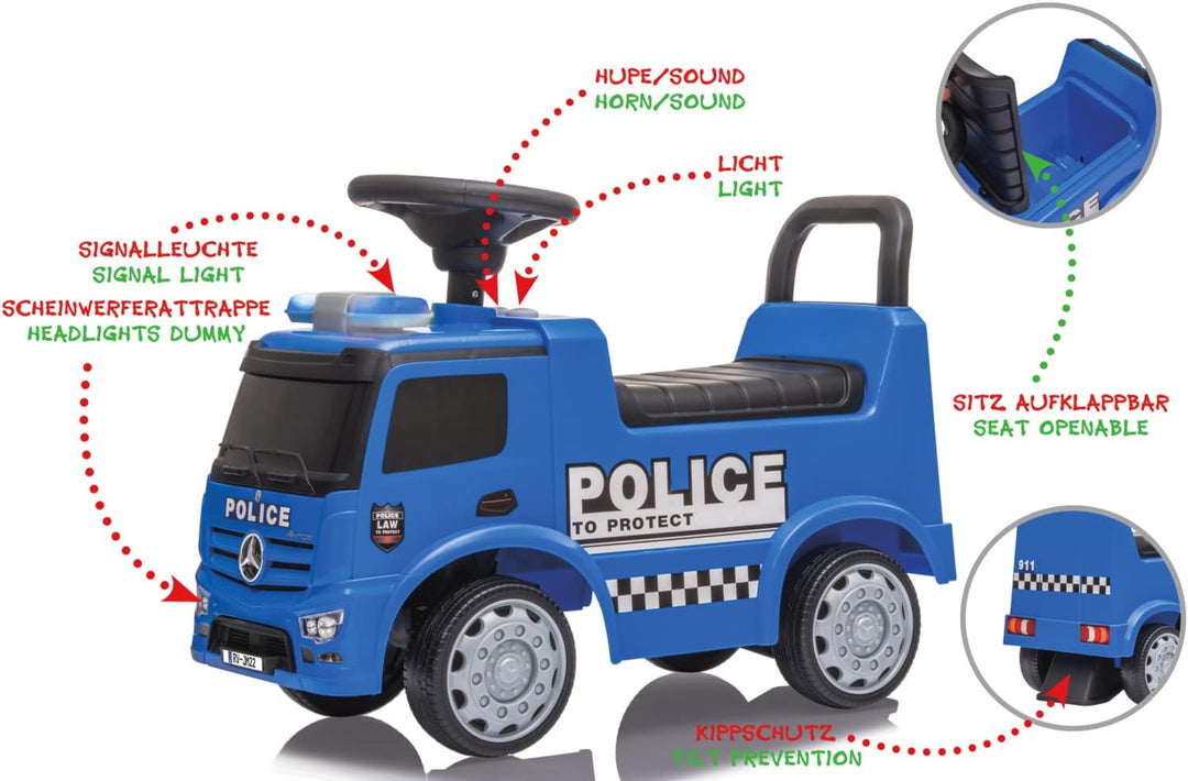 Rutscher Mercedes-Benz Antos Polizei - ab 12 Monate, Sitzhöhe 280 mm, Kippschutz, Kofferraum unter d