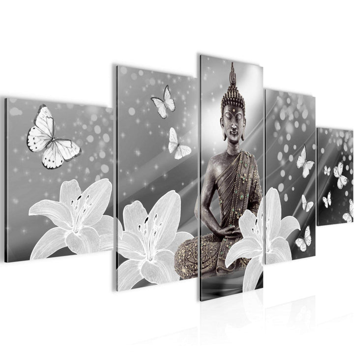 Runa Art Wandbilder Buddha Blumen 5 Teilig Bild auf Vlies Leinwand Deko Wohnzimmer Schmetterling Sch