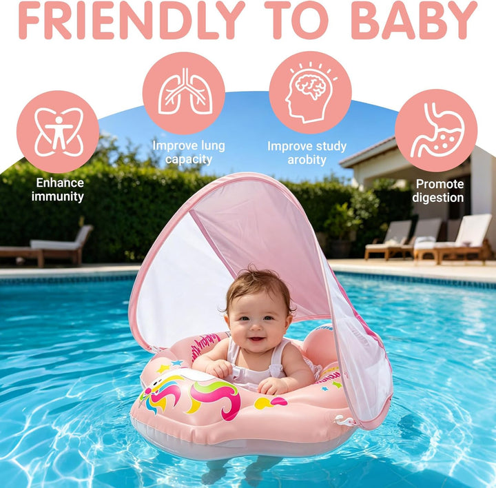 Aufblasbarer Baby Schwimmring, Swimming Float mit Baldachin und Sicherheitssitz, Niedliches Rosa Pfe