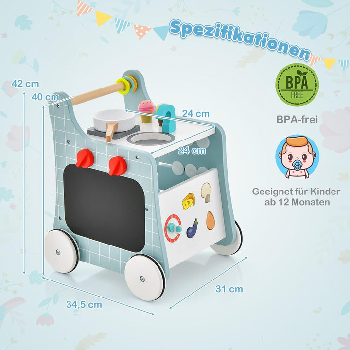 COSTWAY 6 in 1 Lauflernwagen aus Holz, Lauflernhilfe mit Spielküche, Lernuhr, Formanpassung & bewegl