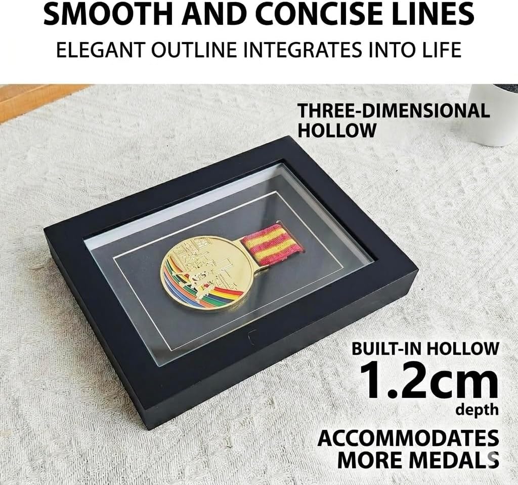 Medaillen-Vitrine – schwarze Holz-Medaillen-Schattenbox mit Glasfront, Militär-Medaillenbox für Spor