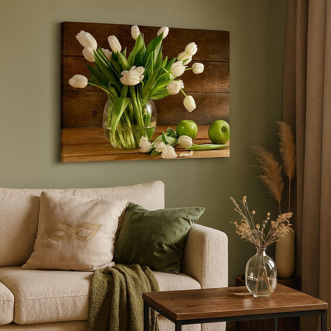 Bilder auf Leinwand 100x70cm Leinwandbild Tulpen Apfel Blumenstrauss Frühling Gross Wanddeko Bild Sc