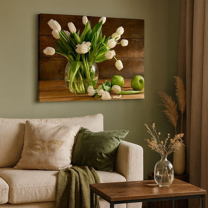 Bilder auf Leinwand 100x70cm Leinwandbild Tulpen Apfel Blumenstrauss Frühling Gross Wanddeko Bild Sc
