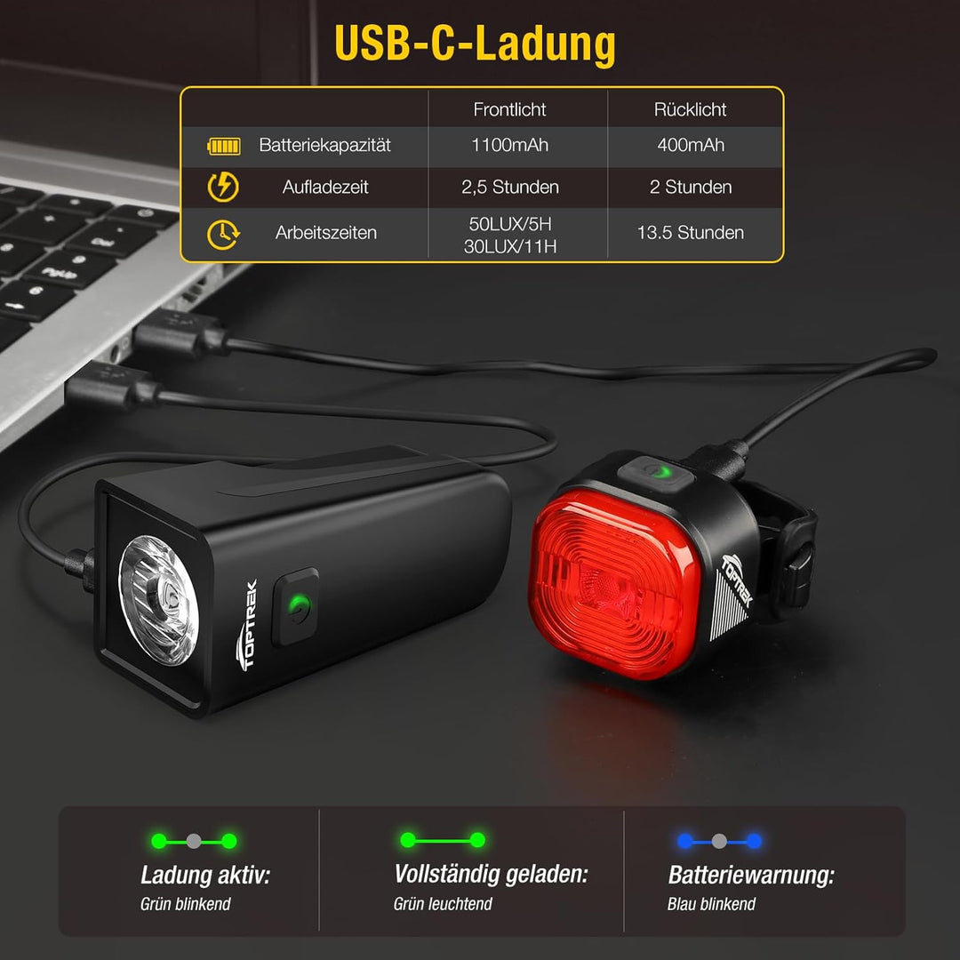 toptrek Fahrradlicht Set USB Aufladbar, StVZO Zugelassen Fahrrad Lichter LED Set, IPX5 Wasserdicht F