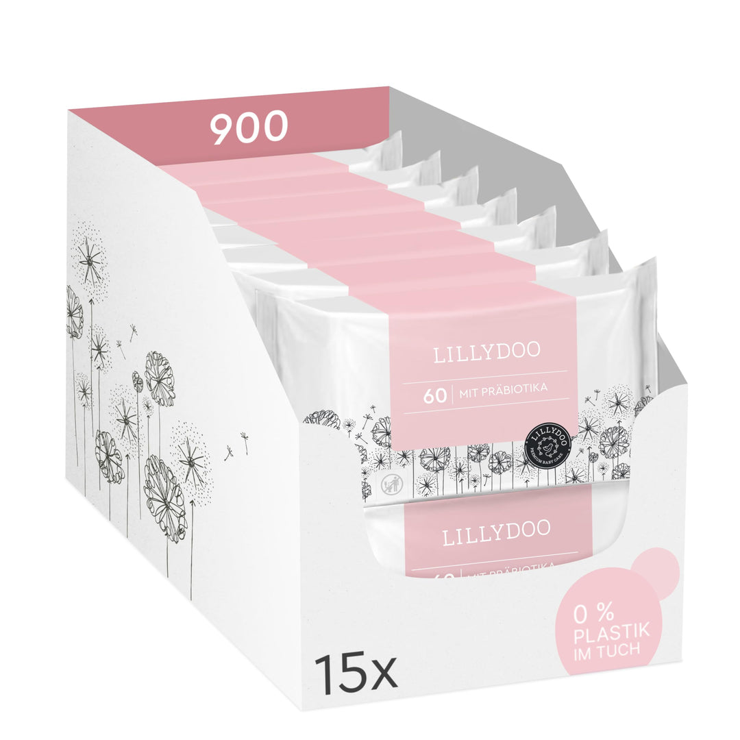 LILLYDOO Feuchttücher mit Präbiotika, 900 Stück (15 x 60),zur Stärkung der natürlichen Hautbarriere,