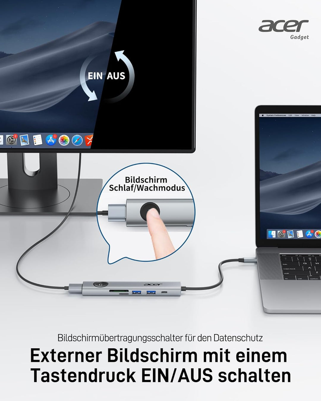 acer USB C Hub 7 in 1, 4K@60Hz HDMI Adaptermit PD 100W, 2X USB 3.0, Kartenleser und Bildschirmsteuer