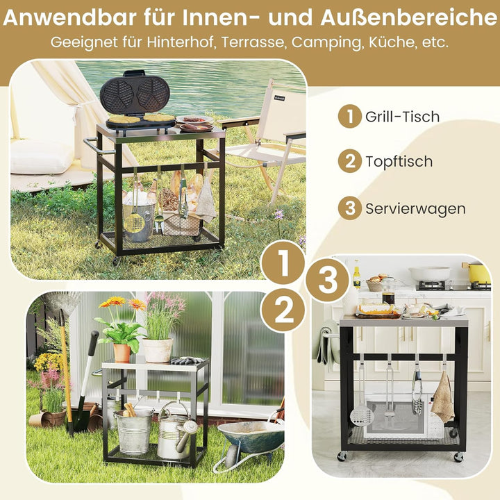 GOPLUS Grillwagen, BBQ Beistellwagen mit Edelstahl-Tischplatte, 2 Ebenen & Haken, Grilltisch mit Rol