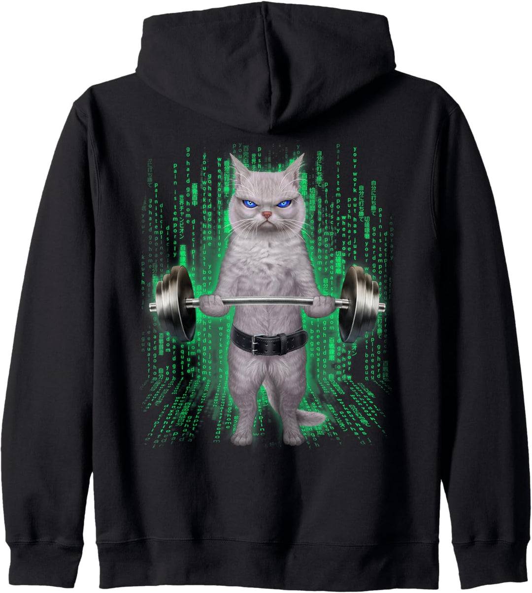 Weisse Katze, die Gewichte im Cyber-Fitnessstudio hebt Kapuzenjacke