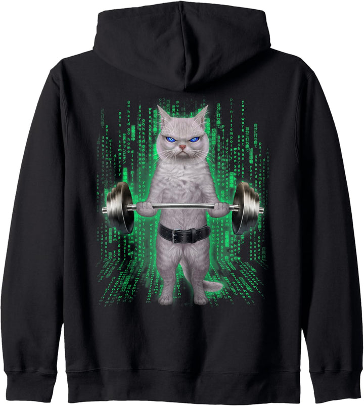 Weisse Katze, die Gewichte im Cyber-Fitnessstudio hebt Kapuzenjacke