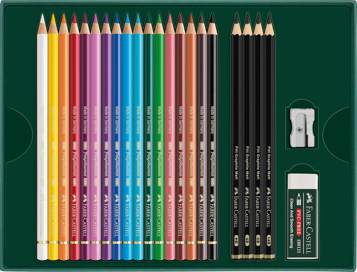 FABER-CASTELL 210052 - Zeichenset 23-teilig mit Polychromos Buntstifte und Bleistifte Pitt Graphite