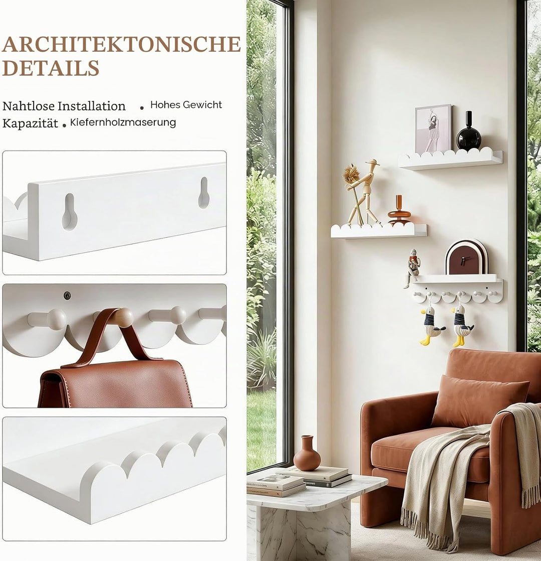 Wandregal Kinderzimmer 3er-Set Massivholz, Montessori Schwebregal 40cm mit sanften Rundungen, Bücher