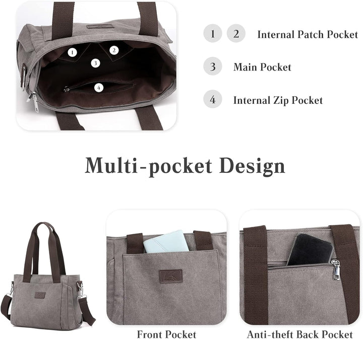 PORRASSO Damen Umhängetasche Segeltuch Handtasche Casual Schultertasche Hobotasche mit Mehreren Tasc