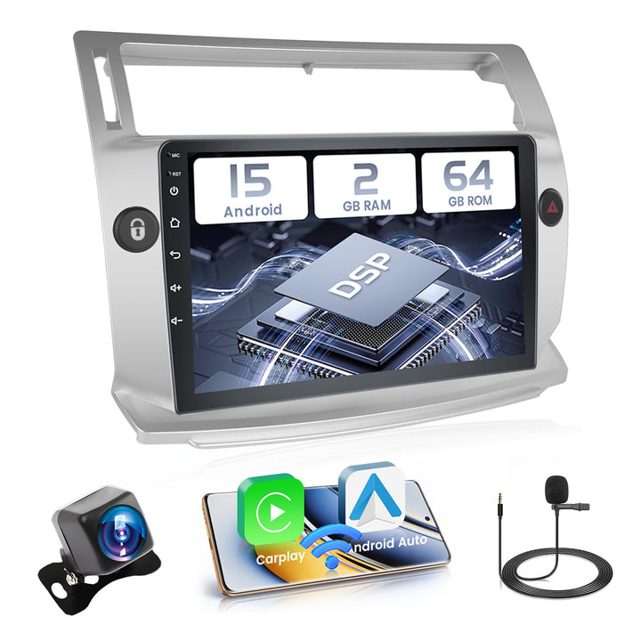 Hikity 2+64GB Android 15 Autoradio für Citroen C4 2004-2009/C-Quatre 2008-2011 Radio Wireless Carpla