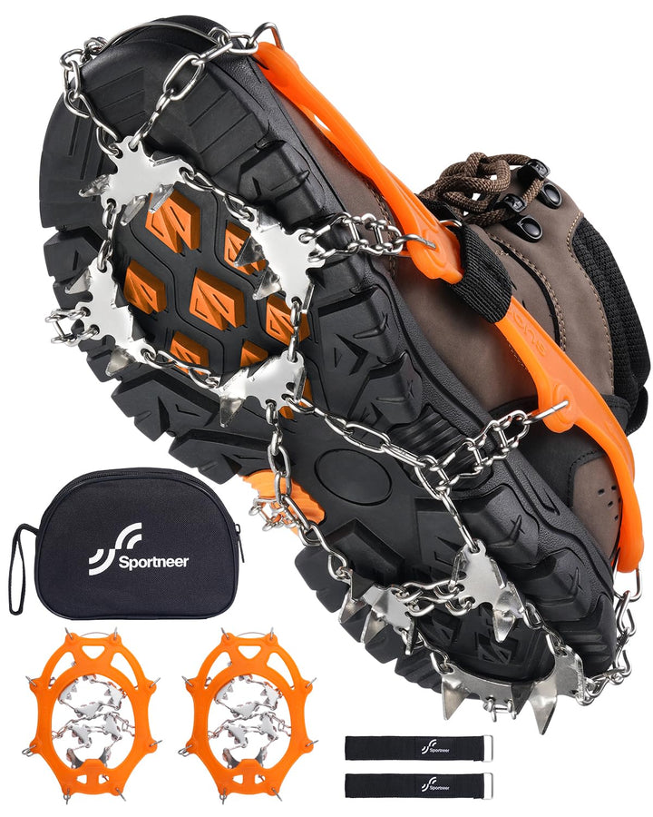 Sportneer Steigeisen Eisstollen Traktion, 19 Spikes Edelstahl Anti-Rutsch EIS Schnee Grips für Schuh